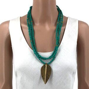Boho Beaded Necklace Triple Strand Leaf Pendant Blue Gold Tone Toggle Closure